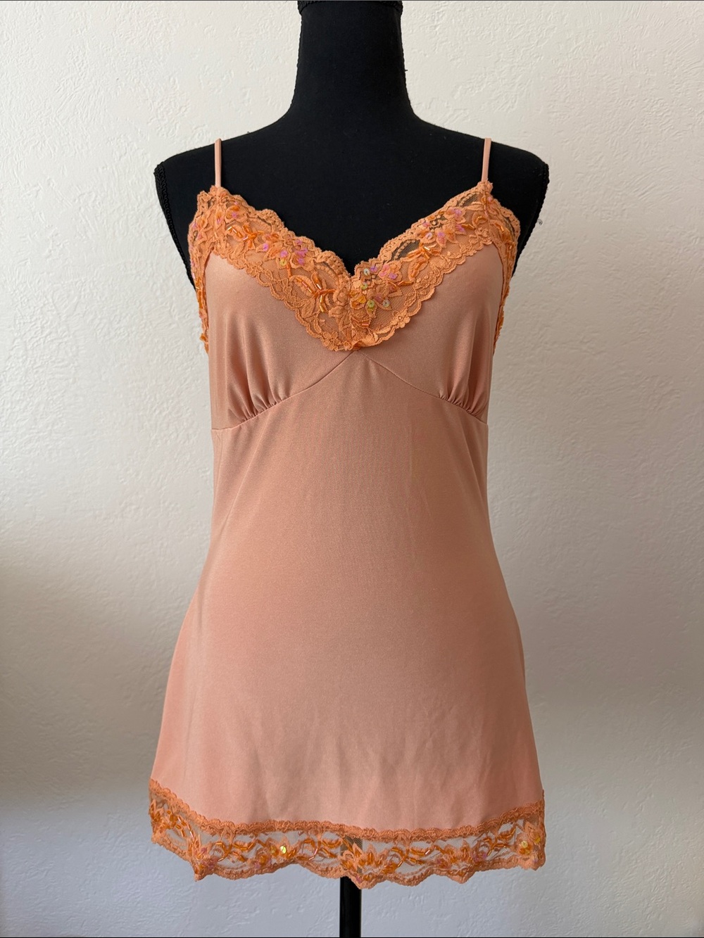 Y2K Beaded Peach Lace Trim Slip Tunic/micro dress size Medium